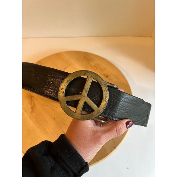 Vintage Black Puma Steerhide Genuine Leather PEACE Brass Buckle Belt Size Medium main image 10